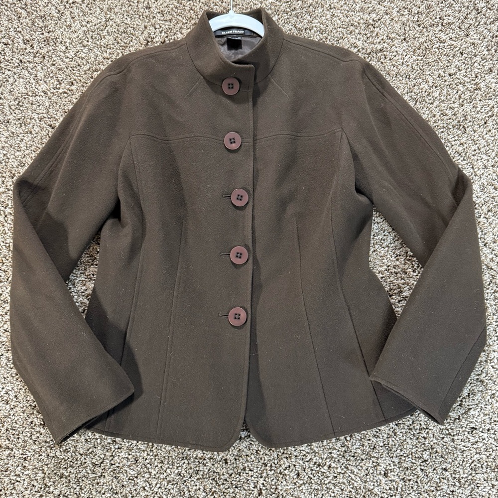 Ellen Tracy Wool & Angora Jacket Flip Cuffs High Collar Women’s Size 10 Brown